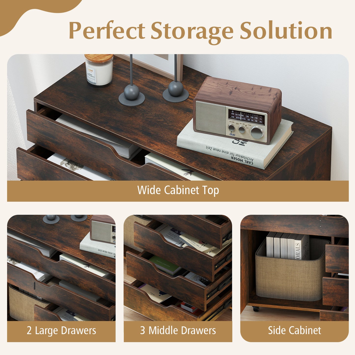 Modern Vertical 5-Drawer Mobile Chest with Door 5 Casters, Brown File Cabinets at Gallery Canada