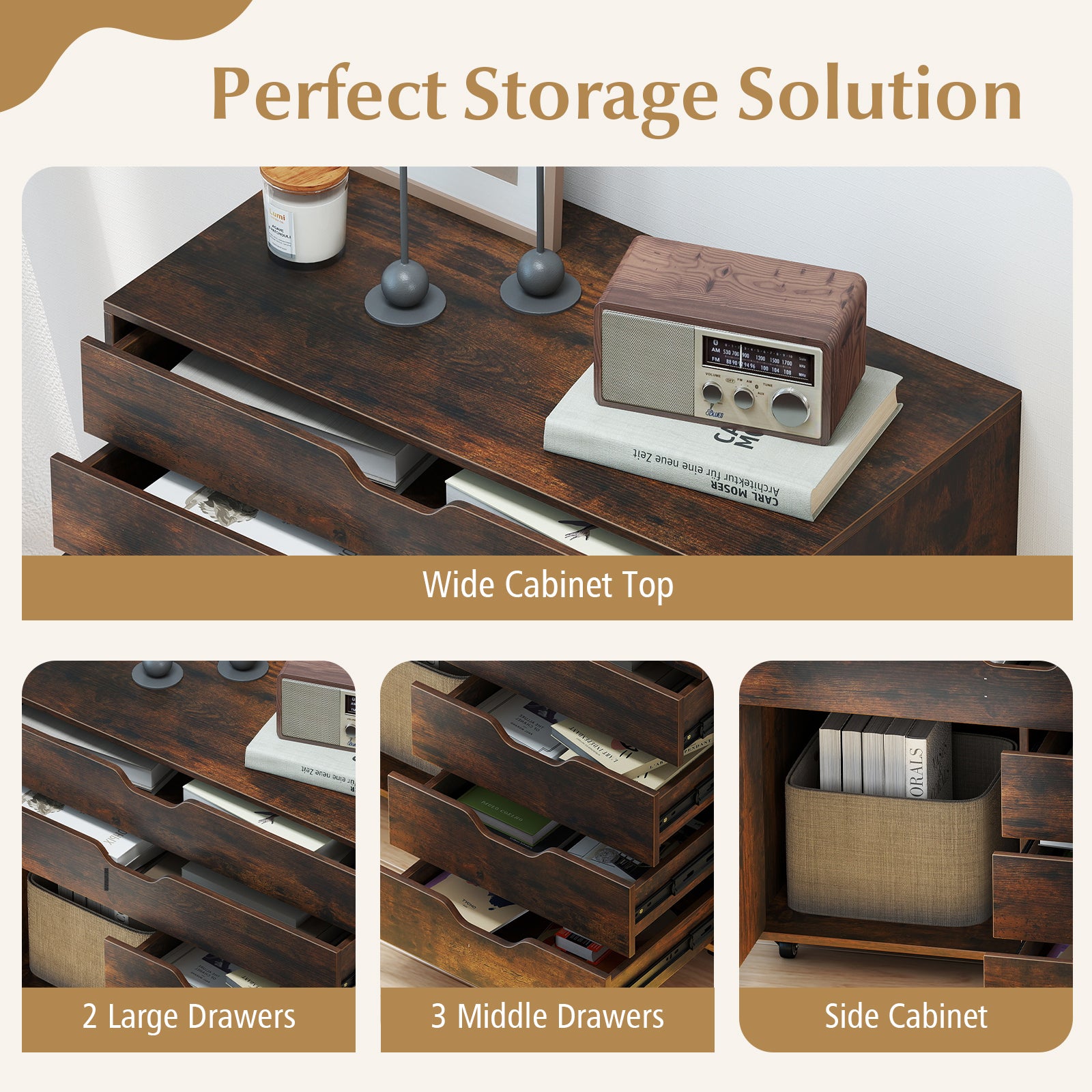 Modern Vertical 5-Drawer Mobile Chest with Door 5 Casters, Brown File Cabinets at Gallery Canada