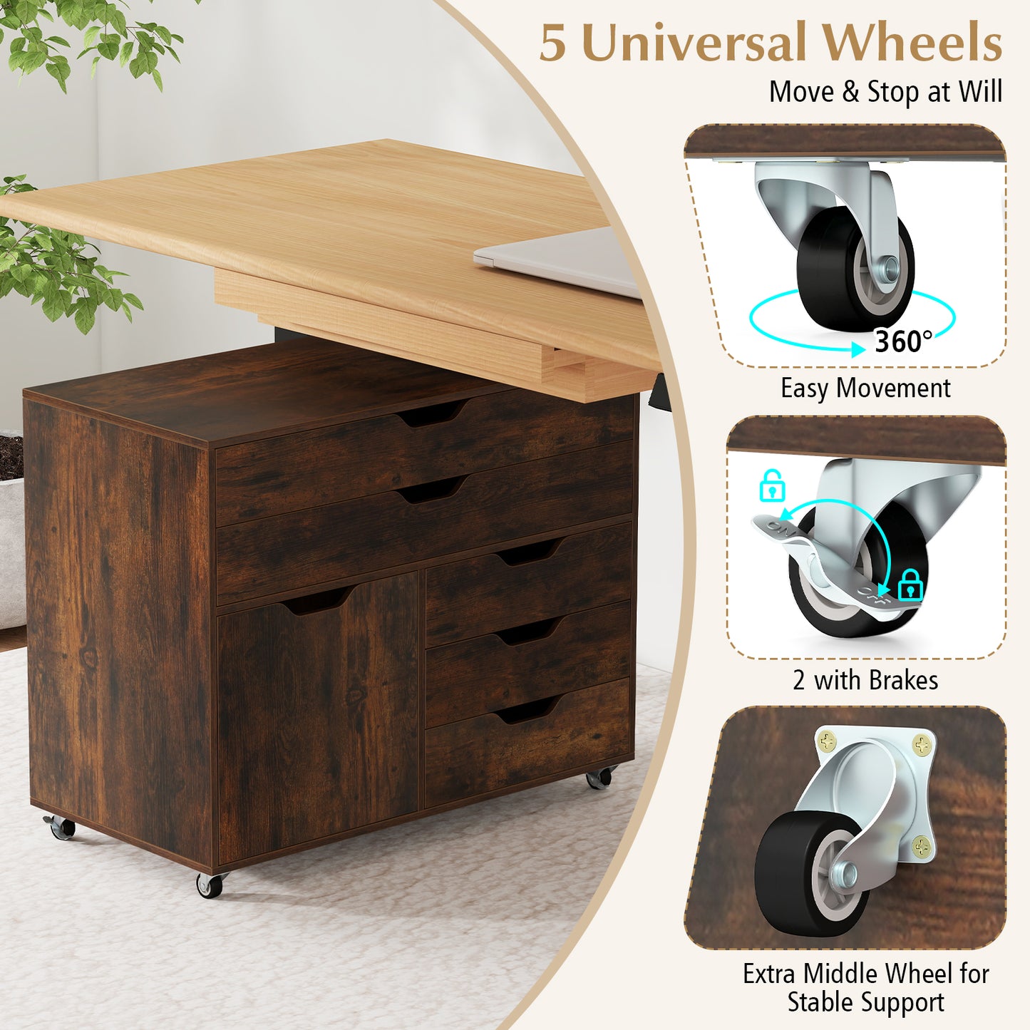 Modern Vertical 5-Drawer Mobile Chest with Door 5 Casters, Brown File Cabinets at Gallery Canada