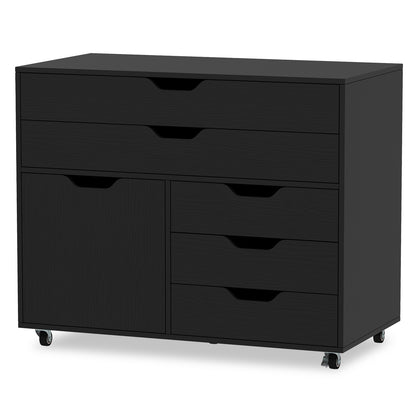 Modern Vertical 5-Drawer Mobile Chest with Door 5 Casters, Black File Cabinets Black at Gallery Canada