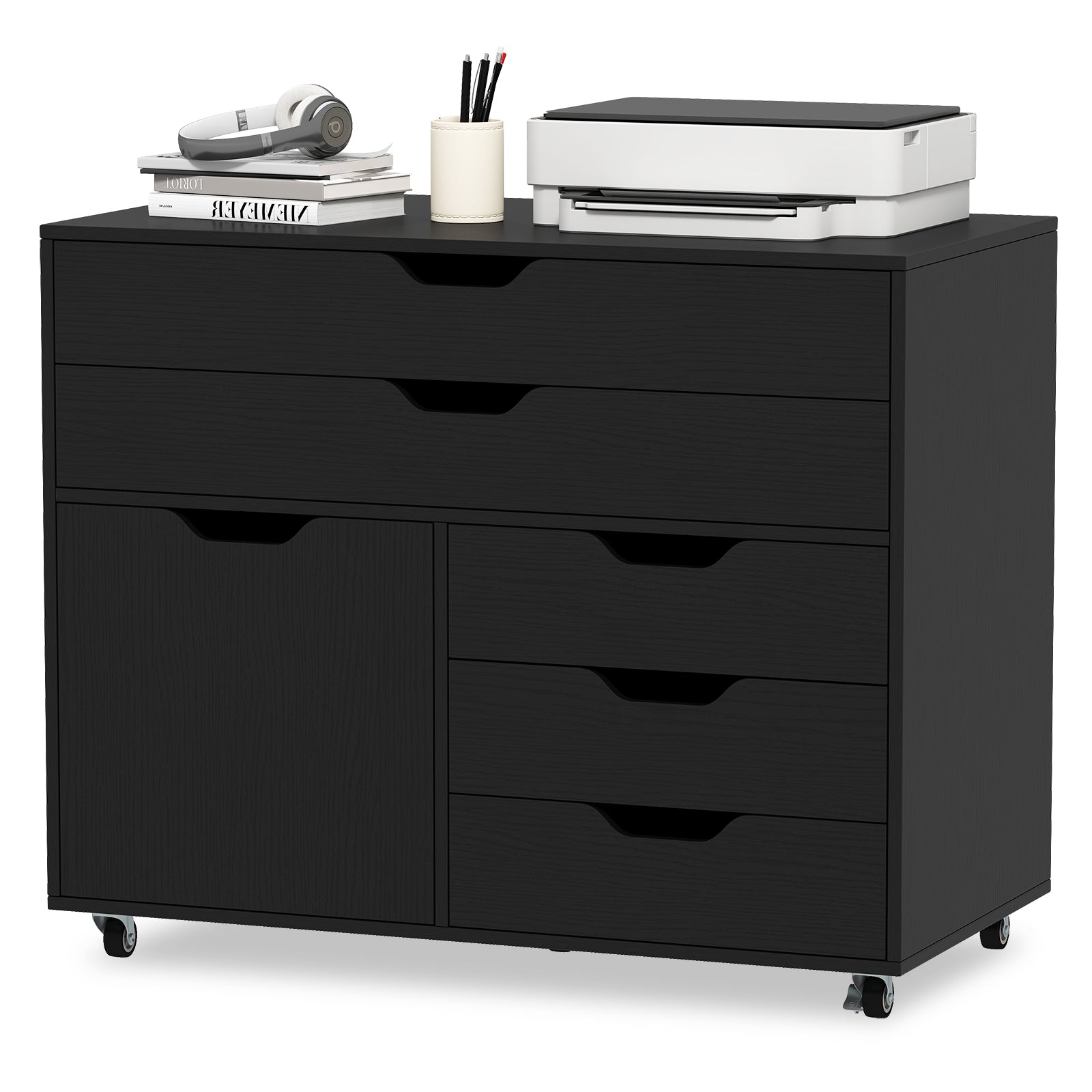 Modern Vertical 5-Drawer Mobile Chest with Door 5 Casters, Black File Cabinets at Gallery Canada