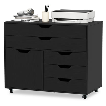Modern Vertical 5-Drawer Mobile Chest with Door 5 Casters, Black File Cabinets at Gallery Canada
