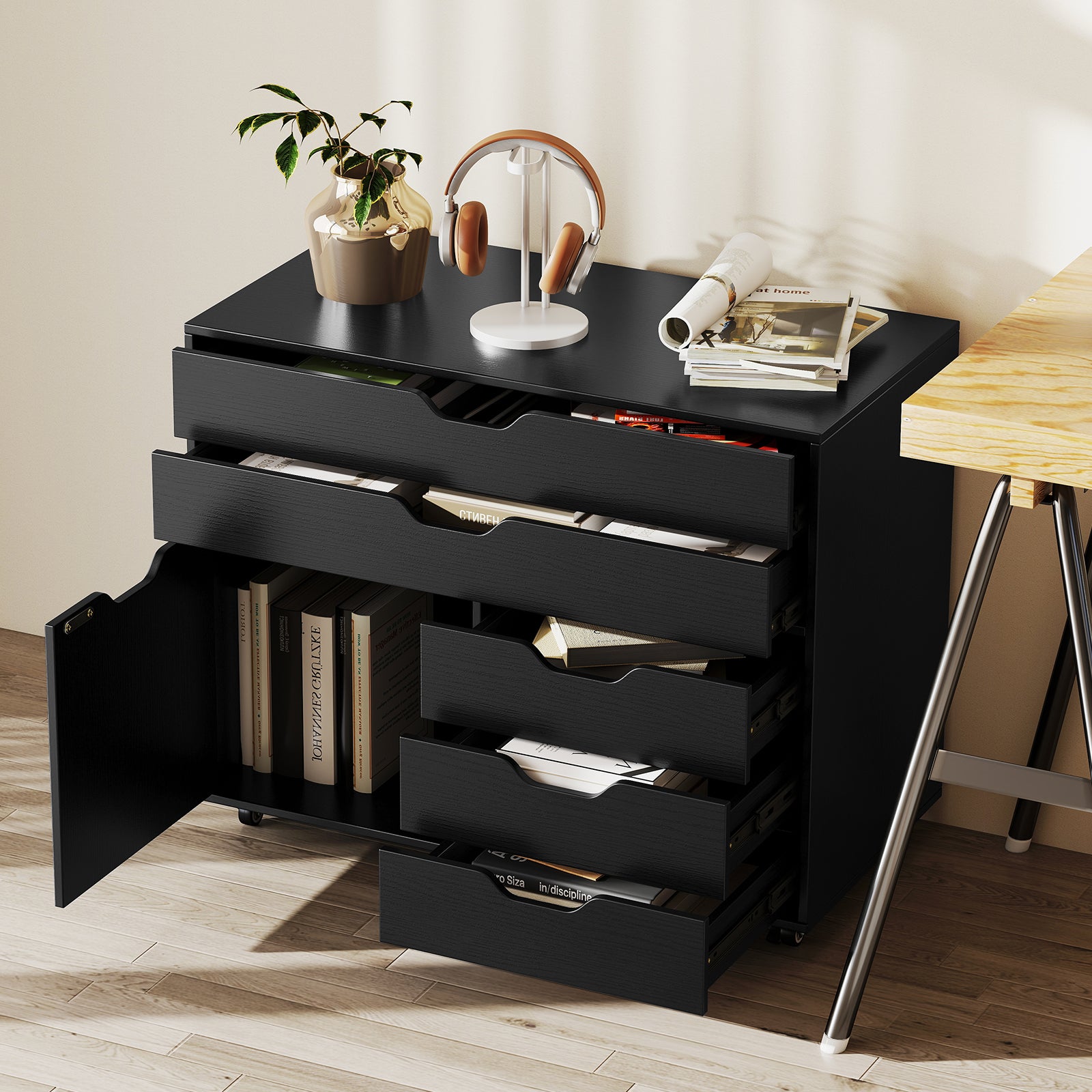 Modern Vertical 5-Drawer Mobile Chest with Door 5 Casters, Black File Cabinets at Gallery Canada