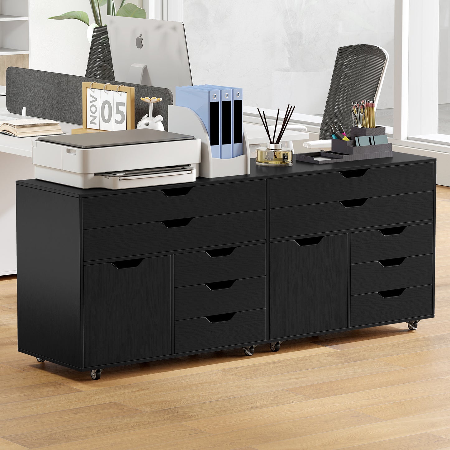 Modern Vertical 5-Drawer Mobile Chest with Door 5 Casters, Black File Cabinets at Gallery Canada
