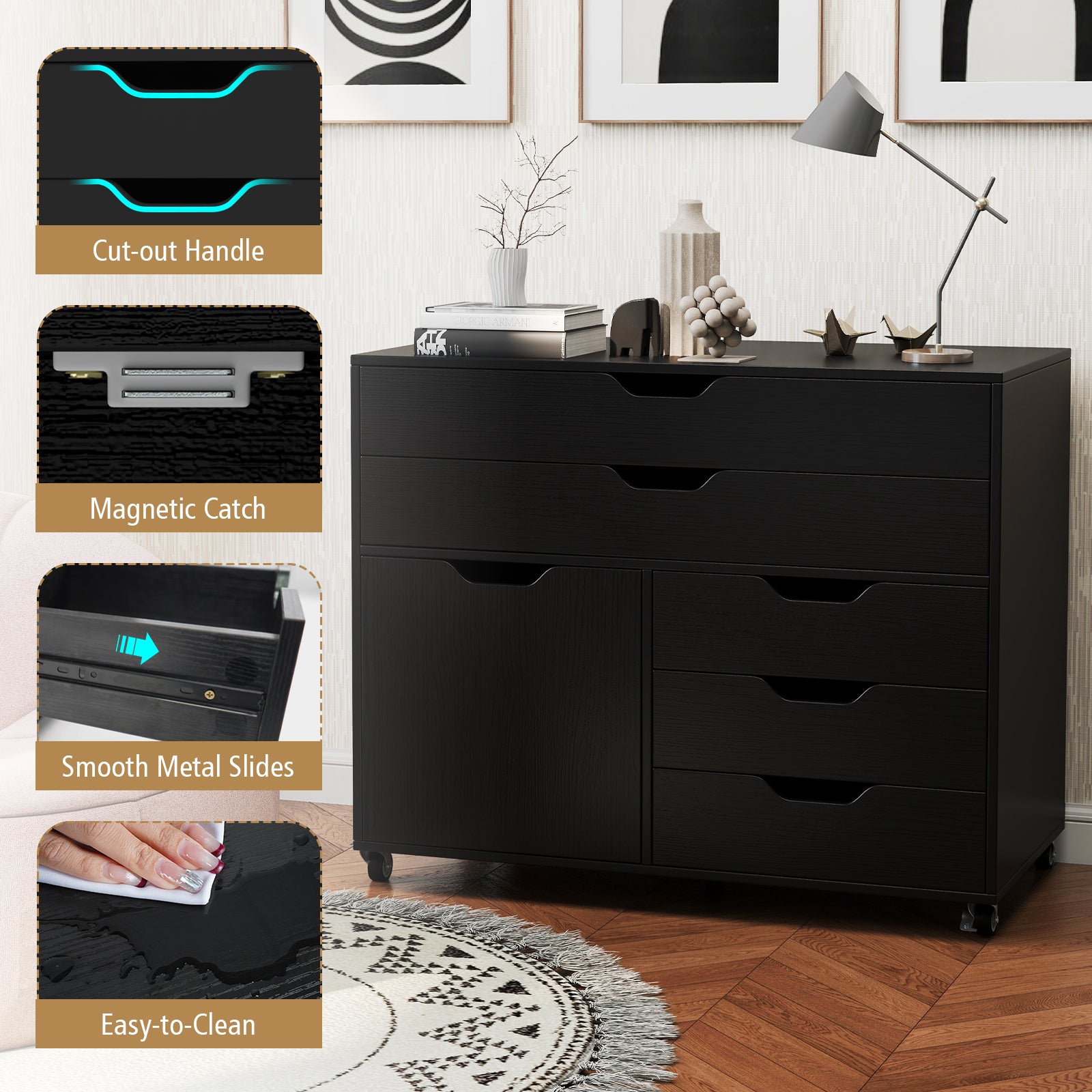 Modern Vertical 5-Drawer Mobile Chest with Door 5 Casters, Black File Cabinets at Gallery Canada