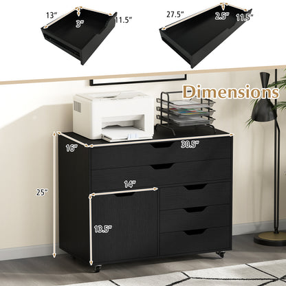 Modern Vertical 5-Drawer Mobile Chest with Door 5 Casters, Black File Cabinets at Gallery Canada