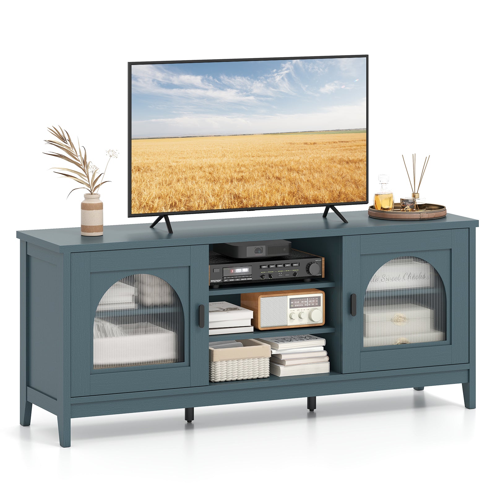 Modern Vintage TV Cabinet with Adjustable Shelves and 2 Cable Holes for TVs up to 65 Inches, Turquoise Entertainment Centers & TV Stands at Gallery Canada