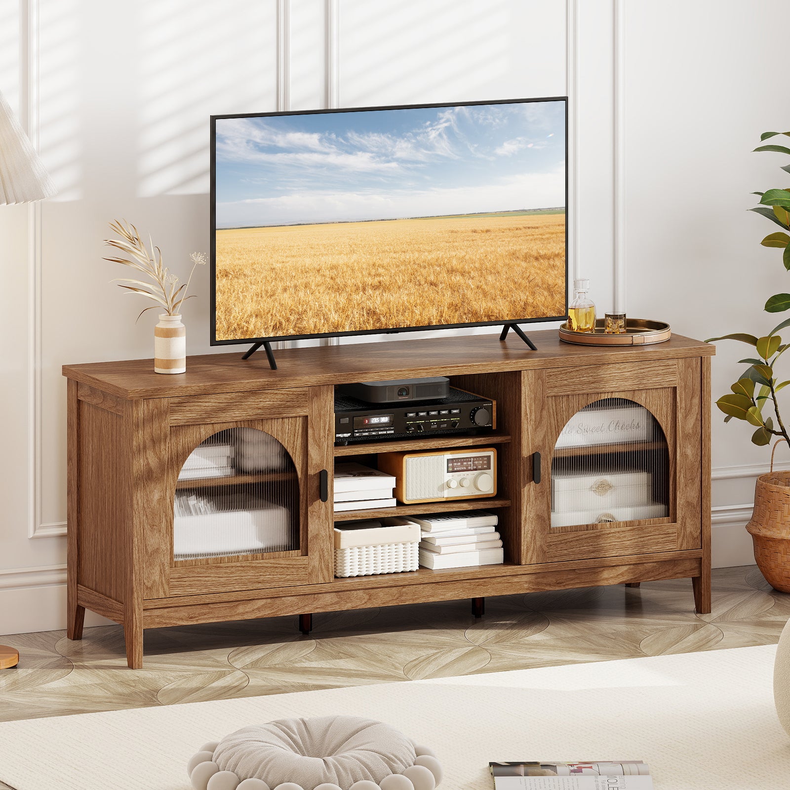Modern Vintage TV Cabinet with Adjustable Shelves and 2 Cable Holes for TVs up to 65 Inches, Walnut Entertainment Centers & TV Stands at Gallery Canada