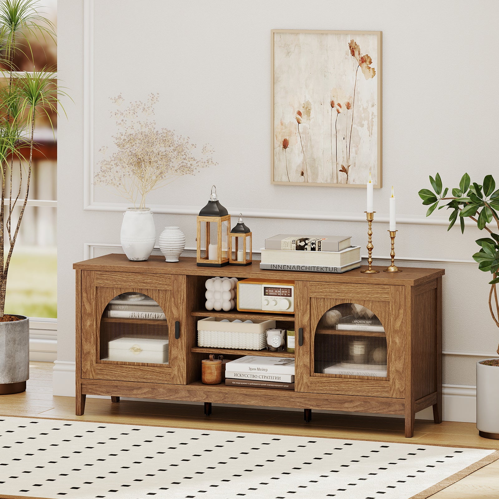 Modern Vintage TV Cabinet with Adjustable Shelves and 2 Cable Holes for TVs up to 65 Inches, Walnut Entertainment Centers & TV Stands at Gallery Canada