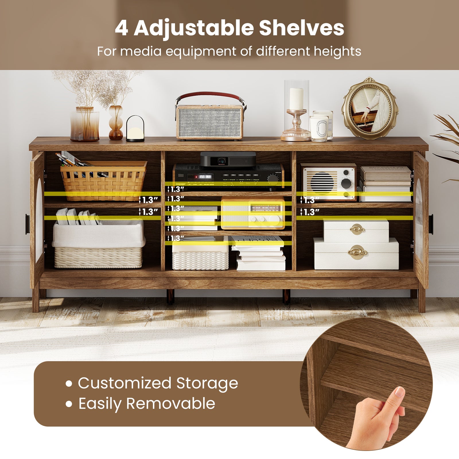 Modern Vintage TV Cabinet with Adjustable Shelves and 2 Cable Holes for TVs up to 65 Inches, Walnut Entertainment Centers & TV Stands at Gallery Canada