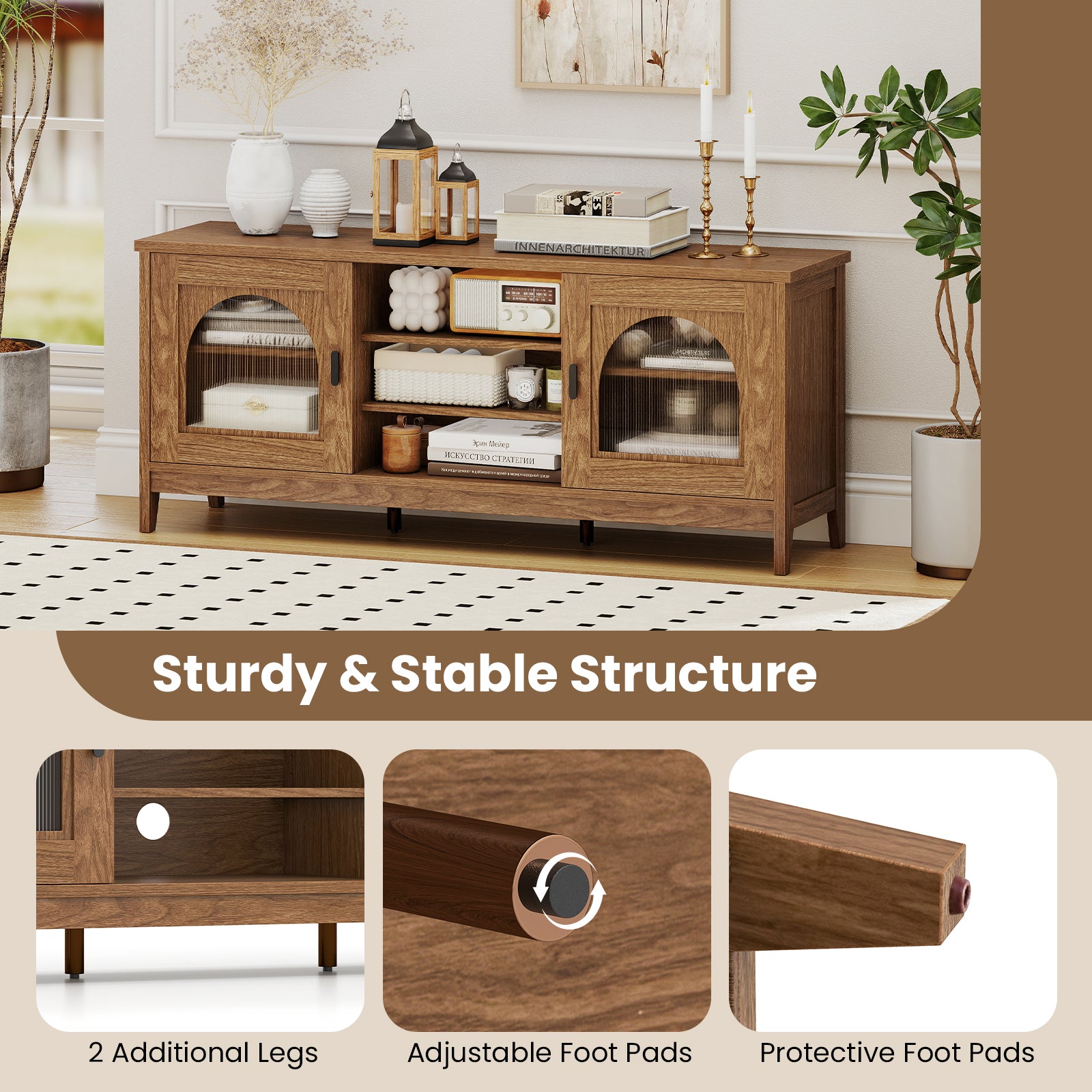 Modern Vintage TV Cabinet with Adjustable Shelves and 2 Cable Holes for TVs up to 65 Inches, Walnut Entertainment Centers & TV Stands at Gallery Canada