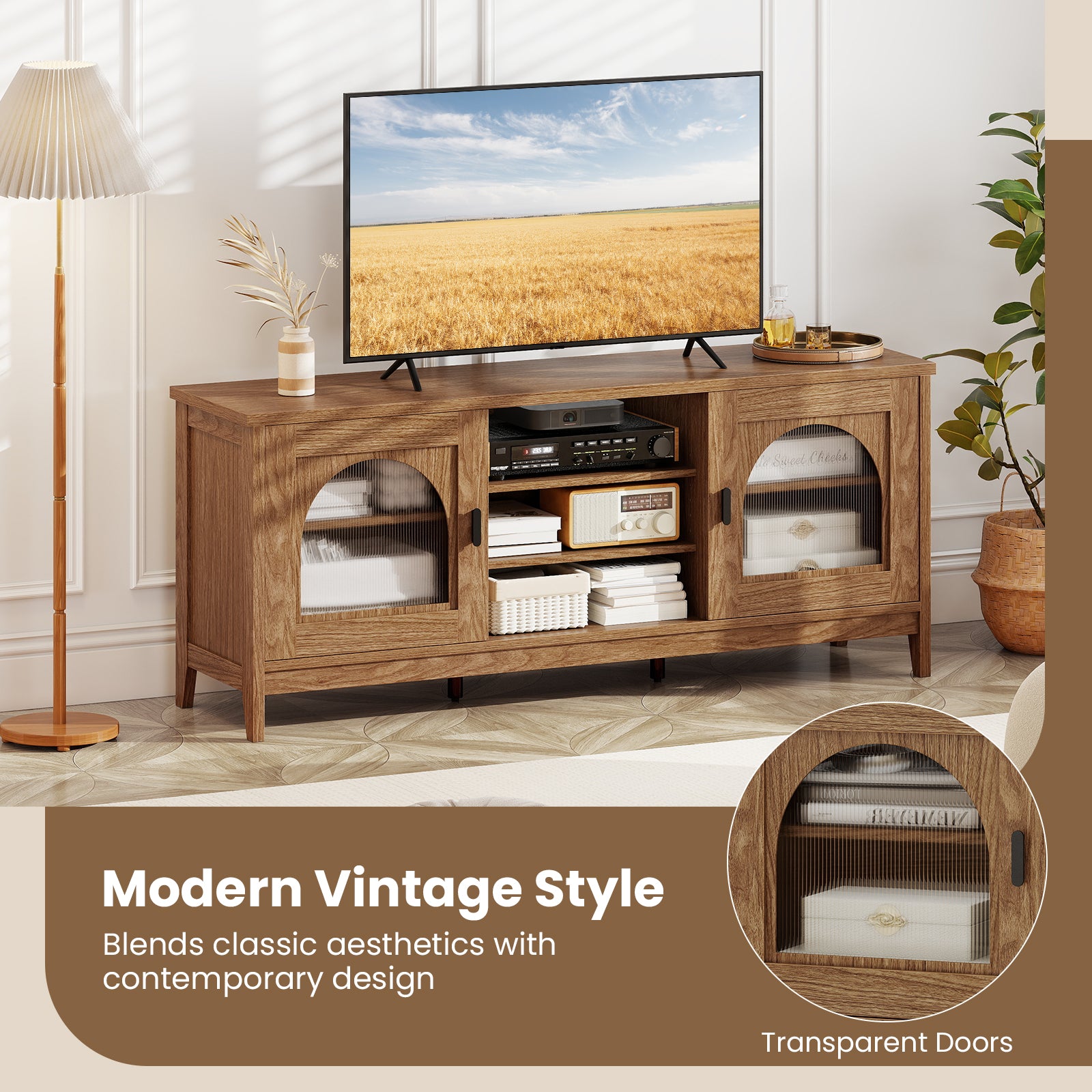 Modern Vintage TV Cabinet with Adjustable Shelves and 2 Cable Holes for TVs up to 65 Inches, Walnut Entertainment Centers & TV Stands at Gallery Canada