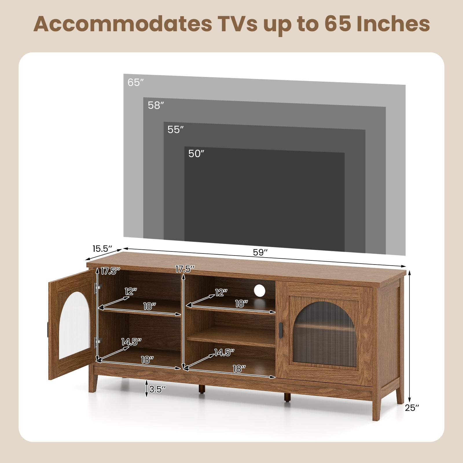Modern Vintage TV Cabinet with Adjustable Shelves and 2 Cable Holes for TVs up to 65 Inches, Walnut Entertainment Centers & TV Stands at Gallery Canada