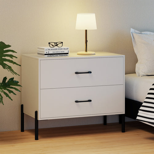 Modern Wooden 2-Drawer Nightstand with Metal Legs and Handles, White