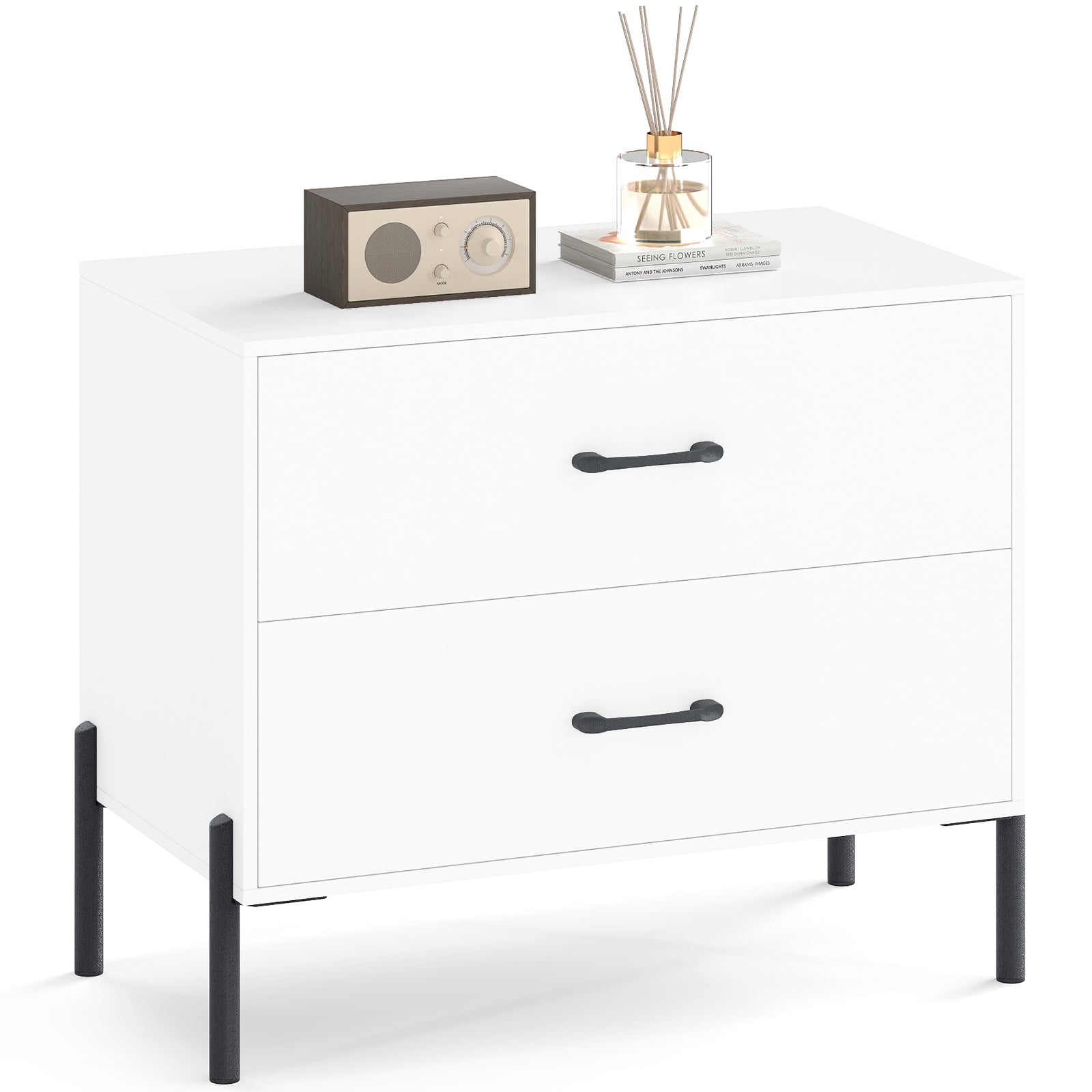 Modern Wooden 2-Drawer Nightstand with Metal Legs and Handles, White Nightstands at Gallery Canada