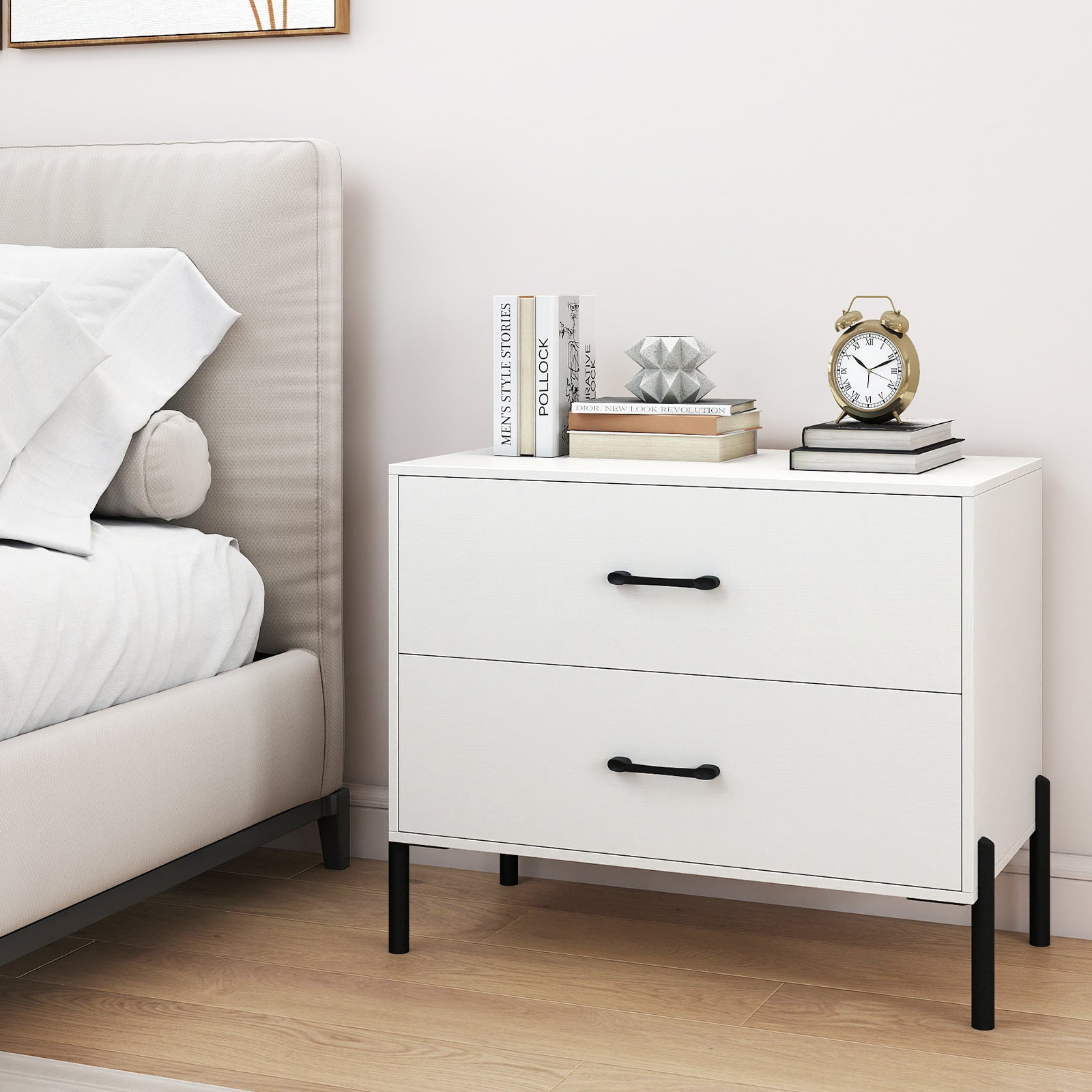 Modern Wooden 2-Drawer Nightstand with Metal Legs and Handles, White Nightstands at Gallery Canada
