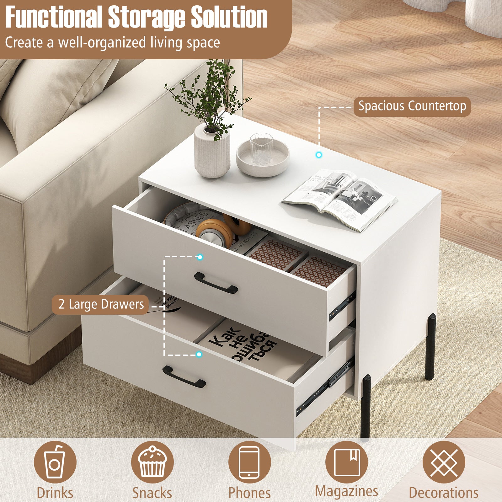 Modern Wooden 2-Drawer Nightstand with Metal Legs and Handles, White Nightstands at Gallery Canada