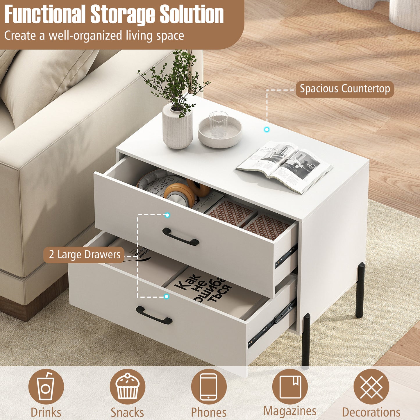 Modern Wooden 2-Drawer Nightstand with Metal Legs and Handles, White Nightstands at Gallery Canada
