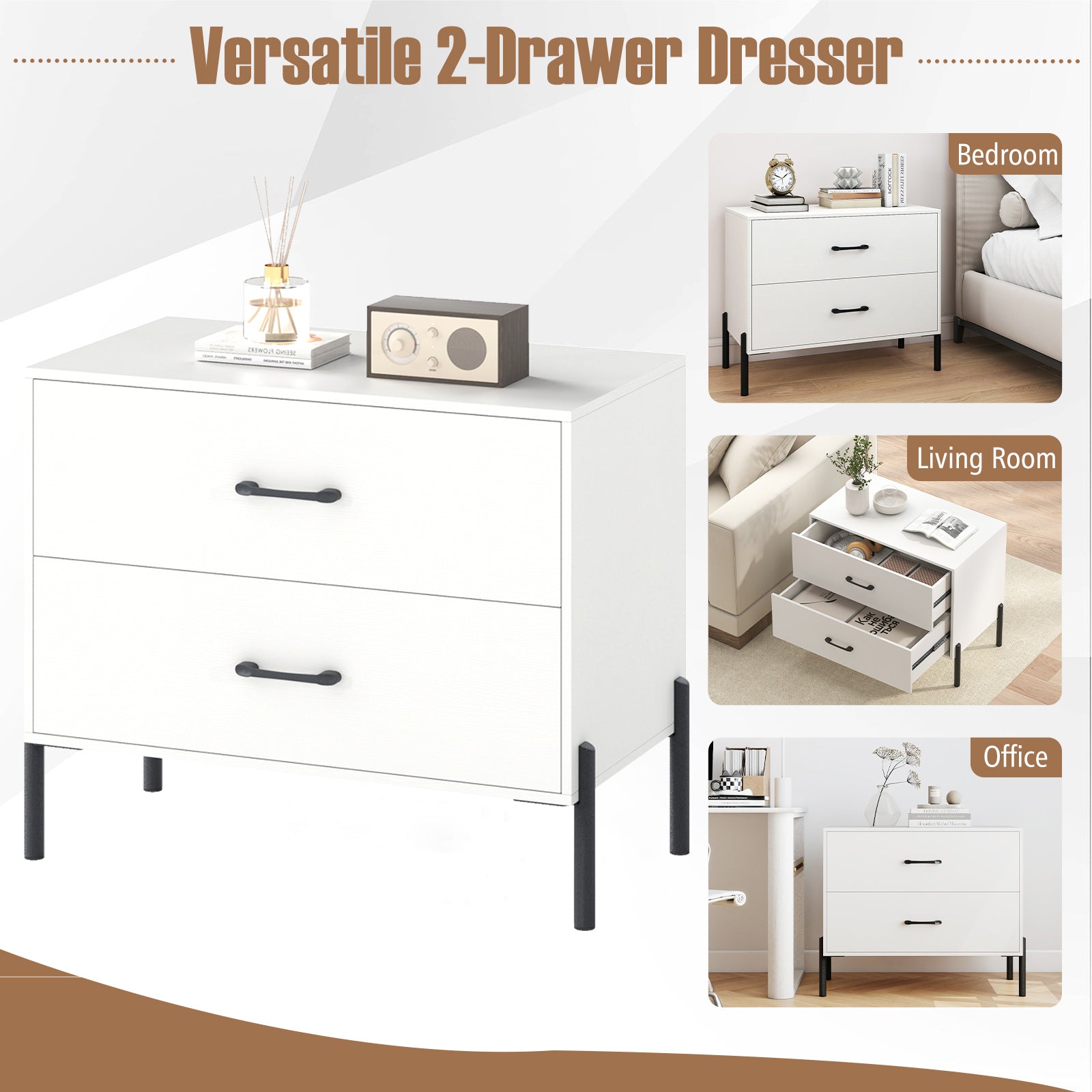 Modern Wooden 2-Drawer Nightstand with Metal Legs and Handles, White Nightstands at Gallery Canada