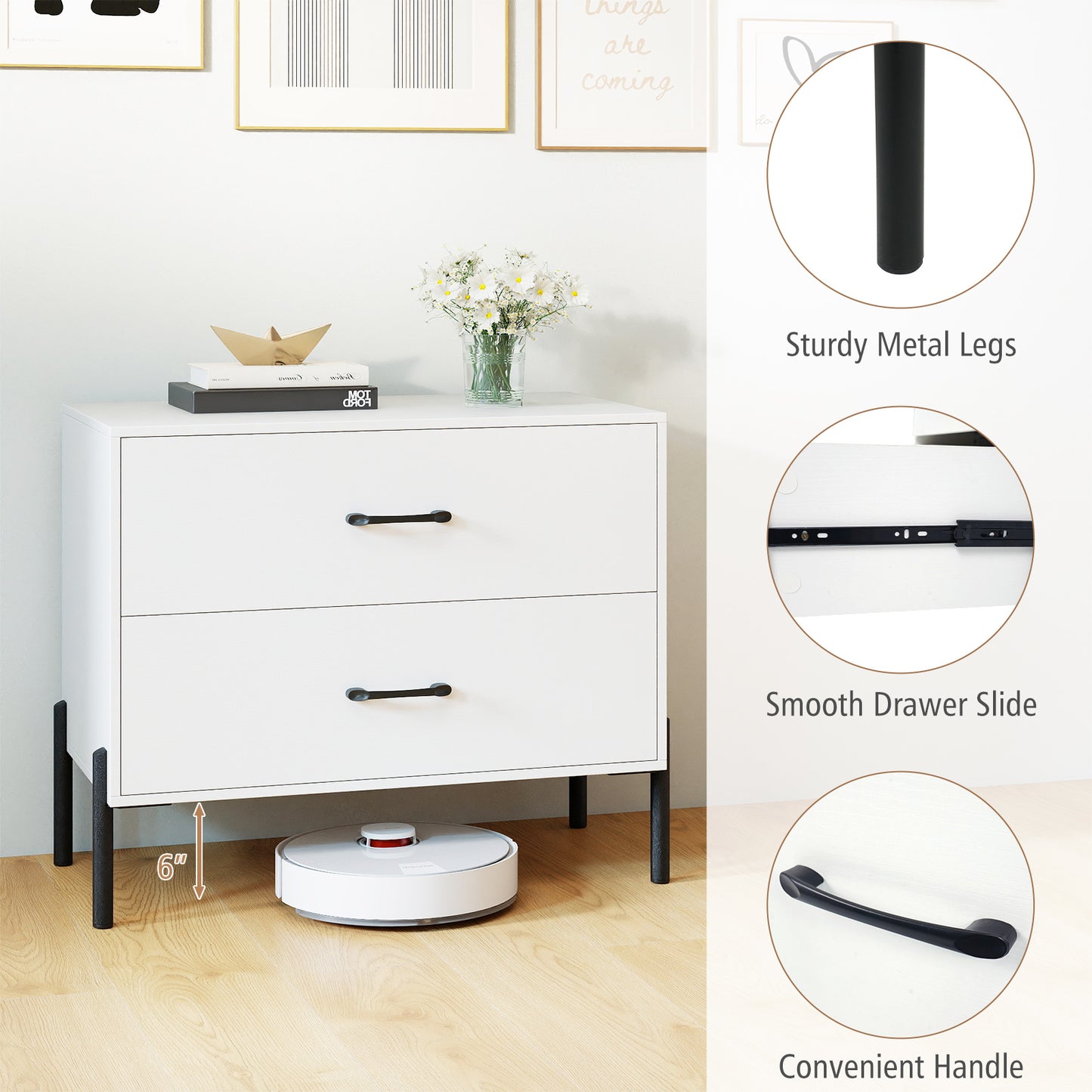 Modern Wooden 2-Drawer Nightstand with Metal Legs and Handles, White Nightstands at Gallery Canada