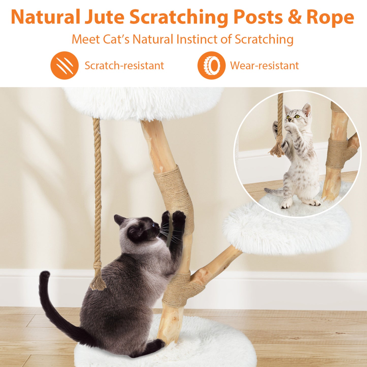 Tour en bois pour chat avec perchoir, poteaux à gratter en jute, blanc