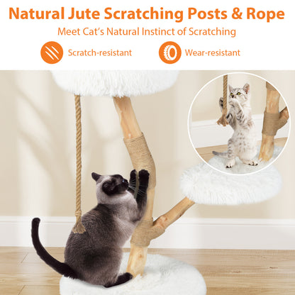 Tour en bois pour chat avec perchoir, poteaux à gratter en jute, blanc