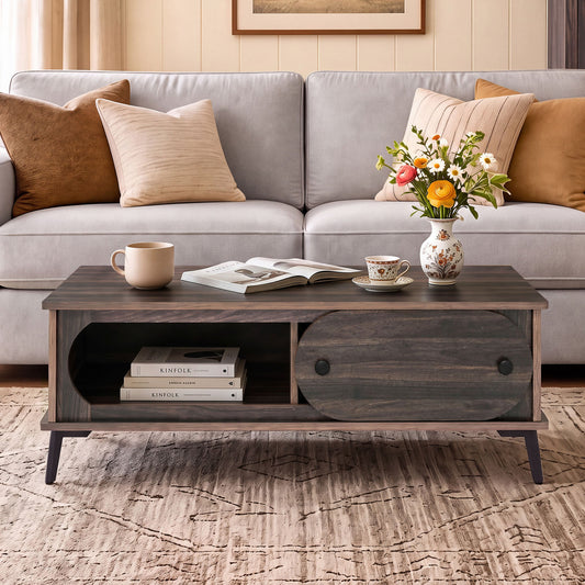 Modern Wooden Center Table, 2 Compartments, Metal Legs, Walnut Coffee Tables Walnut at Gallery Canada