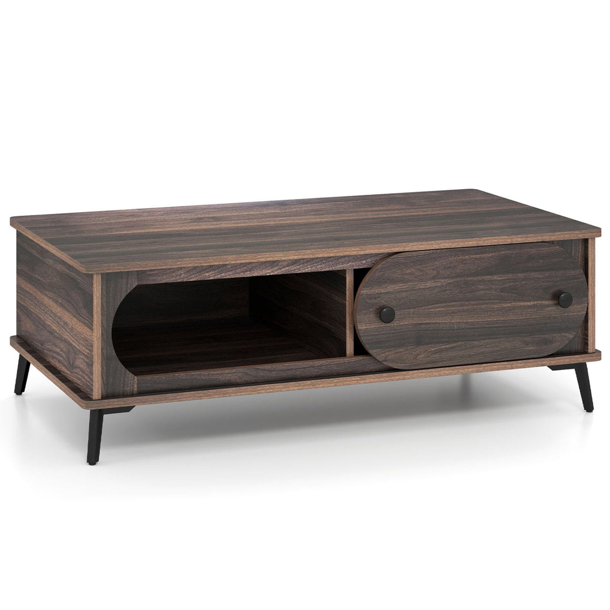 Table centrale moderne en bois, 2 compartiments, pieds en métal, noyer