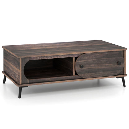 Table centrale moderne en bois, 2 compartiments, pieds en métal, noyer