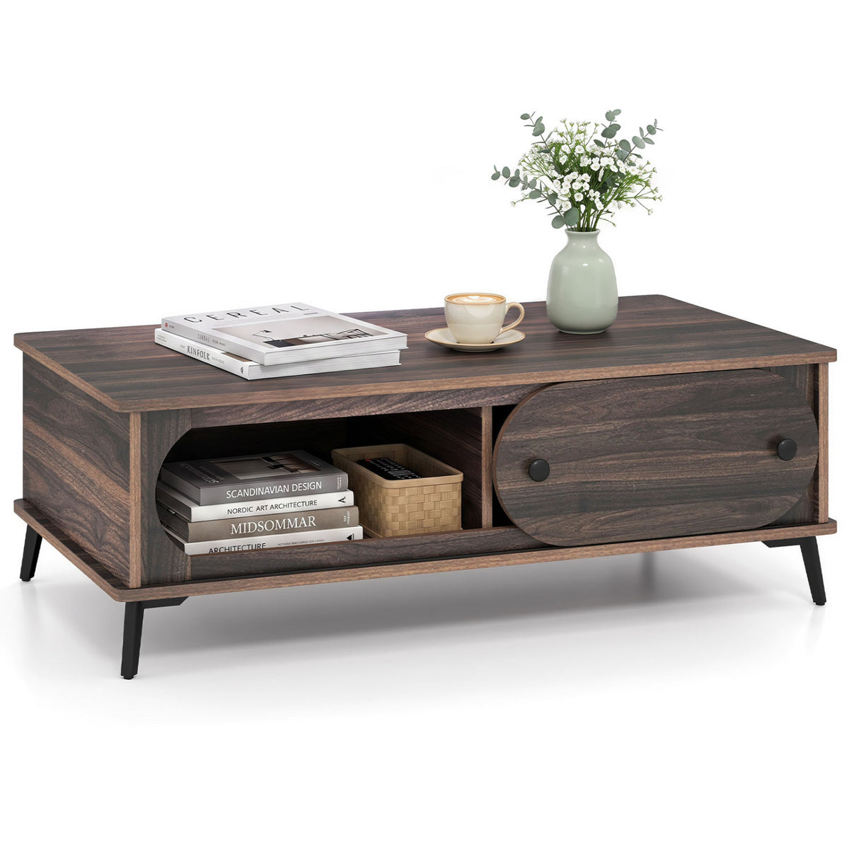 Table centrale moderne en bois, 2 compartiments, pieds en métal, noyer