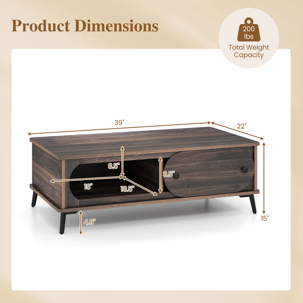Table centrale moderne en bois, 2 compartiments, pieds en métal, noyer