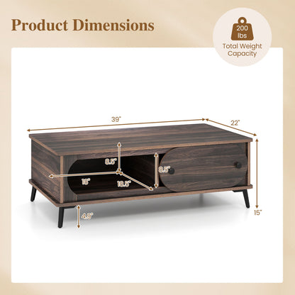 Table centrale moderne en bois, 2 compartiments, pieds en métal, noyer