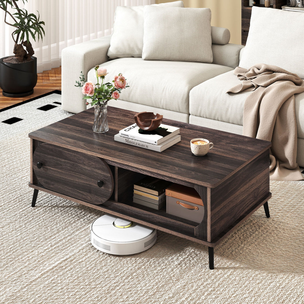 Table centrale moderne en bois, 2 compartiments, pieds en métal, noyer