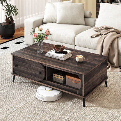 Table centrale moderne en bois, 2 compartiments, pieds en métal, noyer
