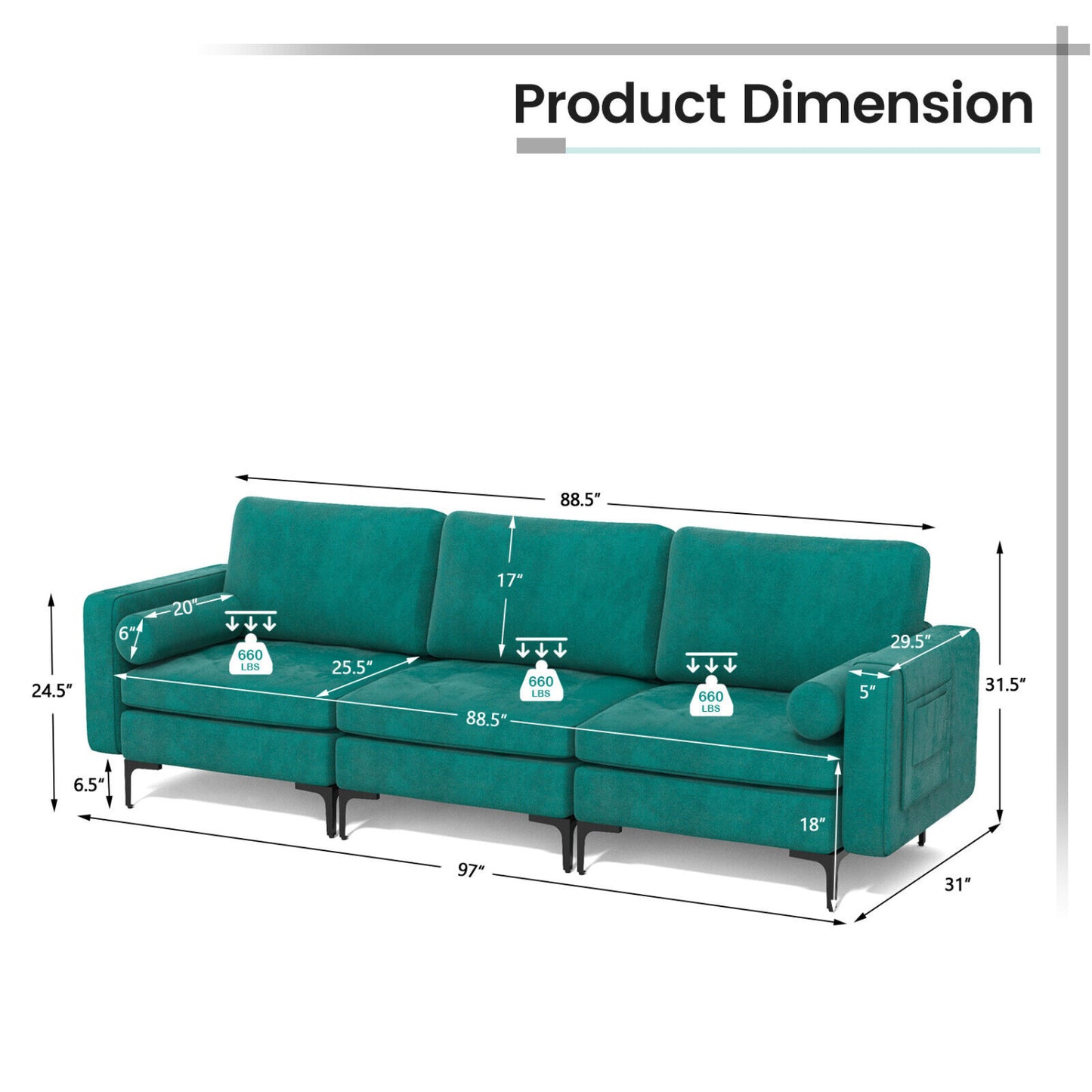 Modular 3-Seat L-Shaped Sectional Sofa With USB Port, Teal Sofas & Loveseats at Gallery Canada