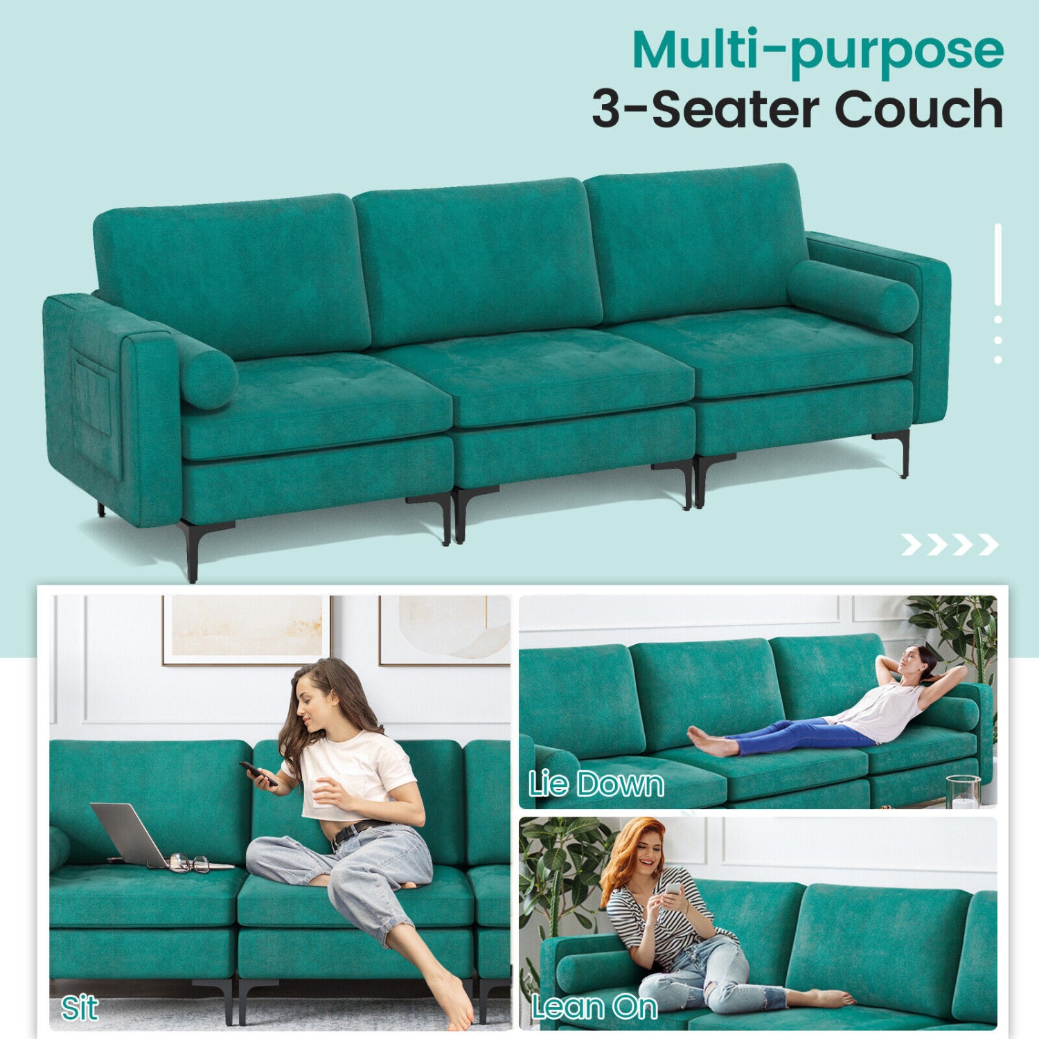 Modular 3-Seat L-Shaped Sectional Sofa With USB Port, Teal Sofas & Loveseats at Gallery Canada