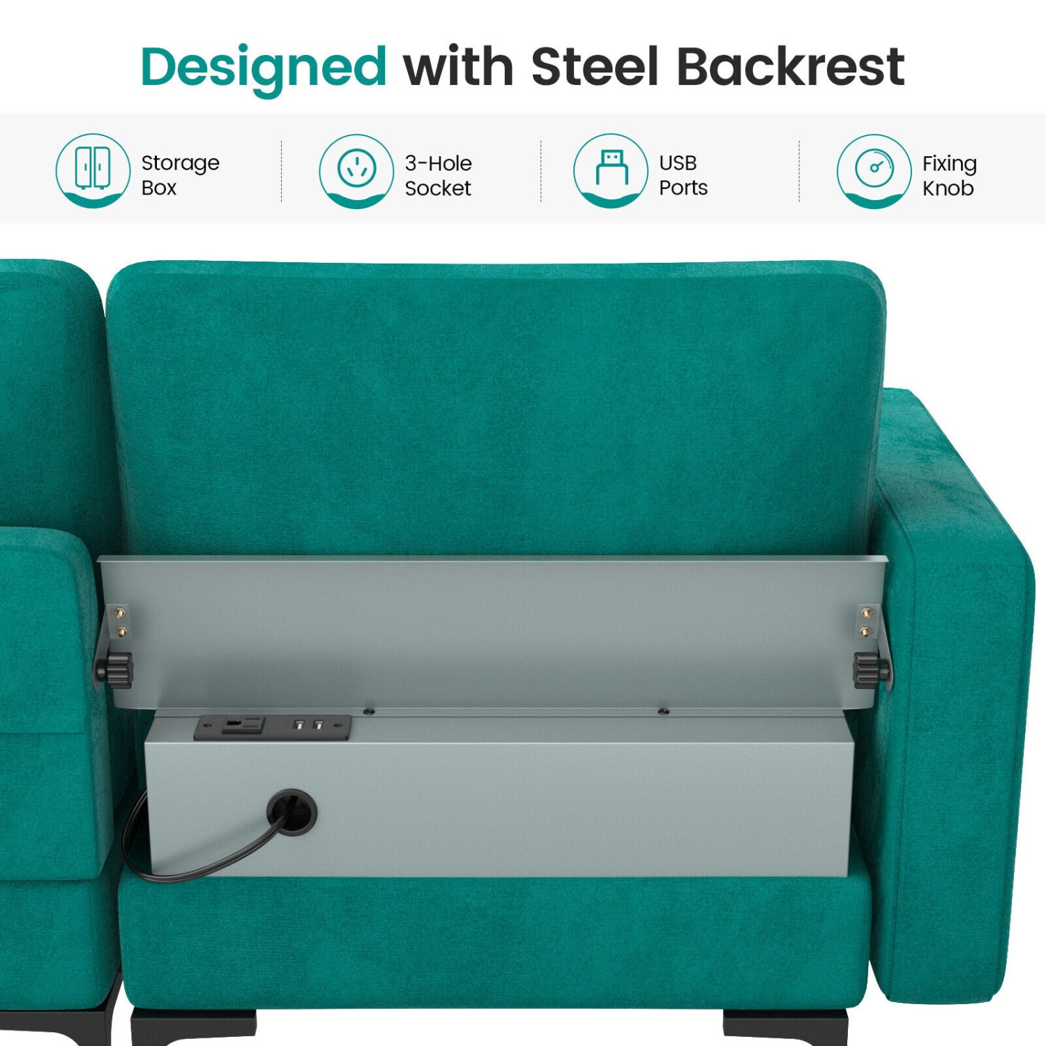 Modular 3-Seat L-Shaped Sectional Sofa With USB Port, Teal Sofas & Loveseats at Gallery Canada