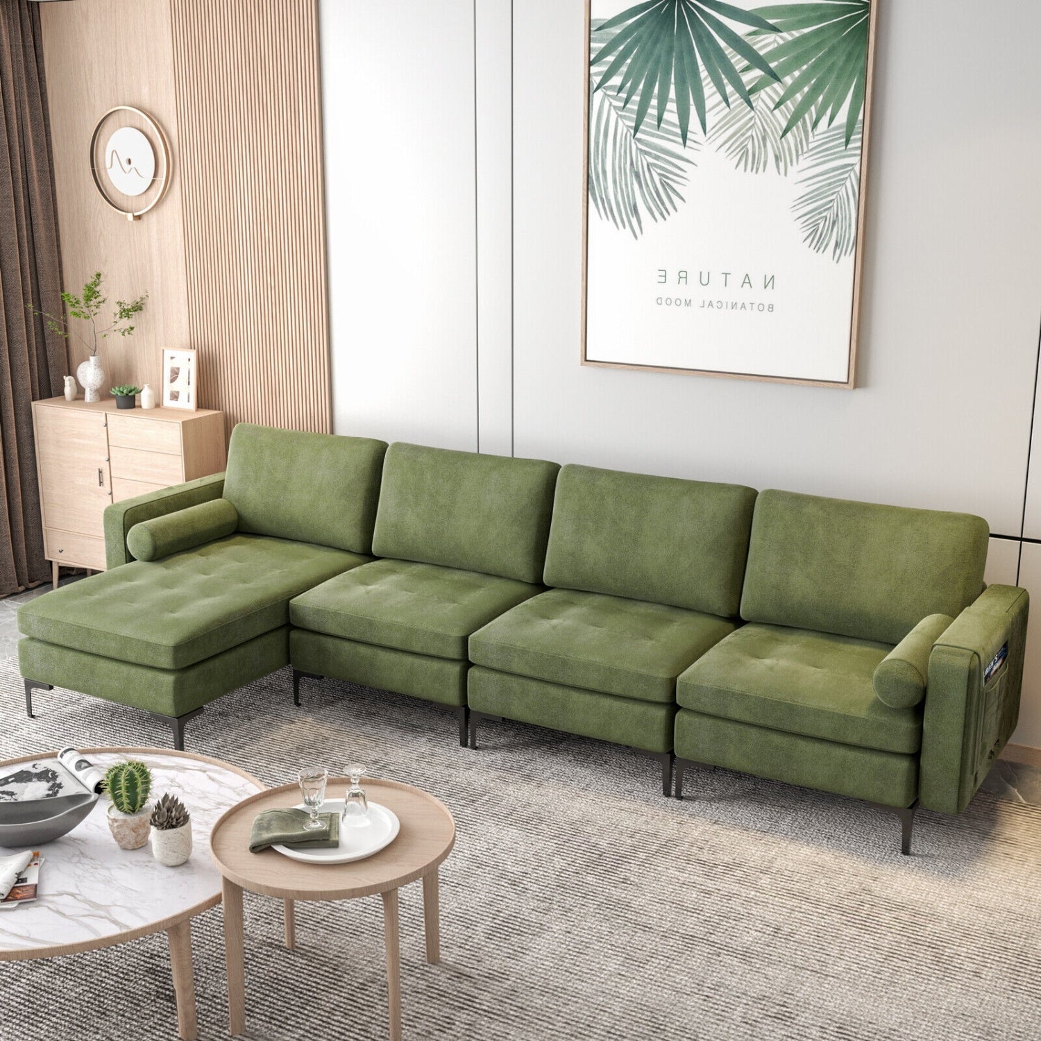 Modular 4-Seat L-Shaped Sectional Sofa, Reversible Chaise, USB Ports, Army Green Sofas & Loveseats at Gallery Canada