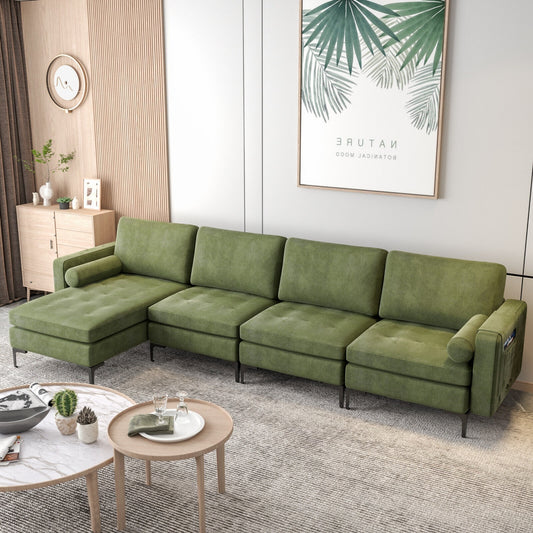 Modular 4-Seat L-Shaped Sectional Sofa, Reversible Chaise, USB Ports, Army Green Sofas & Loveseats Army Green at Gallery Canada