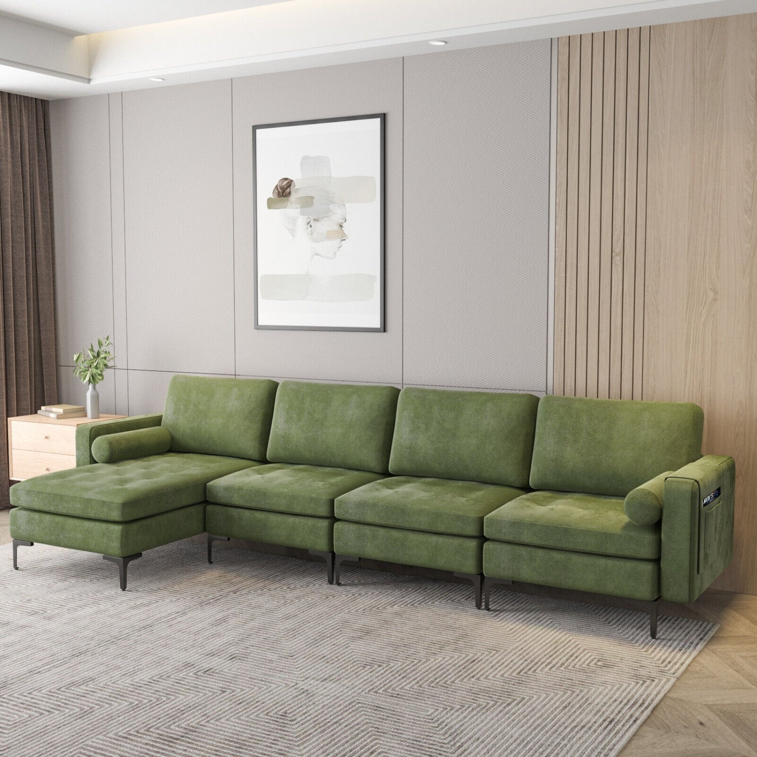 Modular 4-Seat L-Shaped Sectional Sofa, Reversible Chaise, USB Ports, Army Green Sofas & Loveseats at Gallery Canada