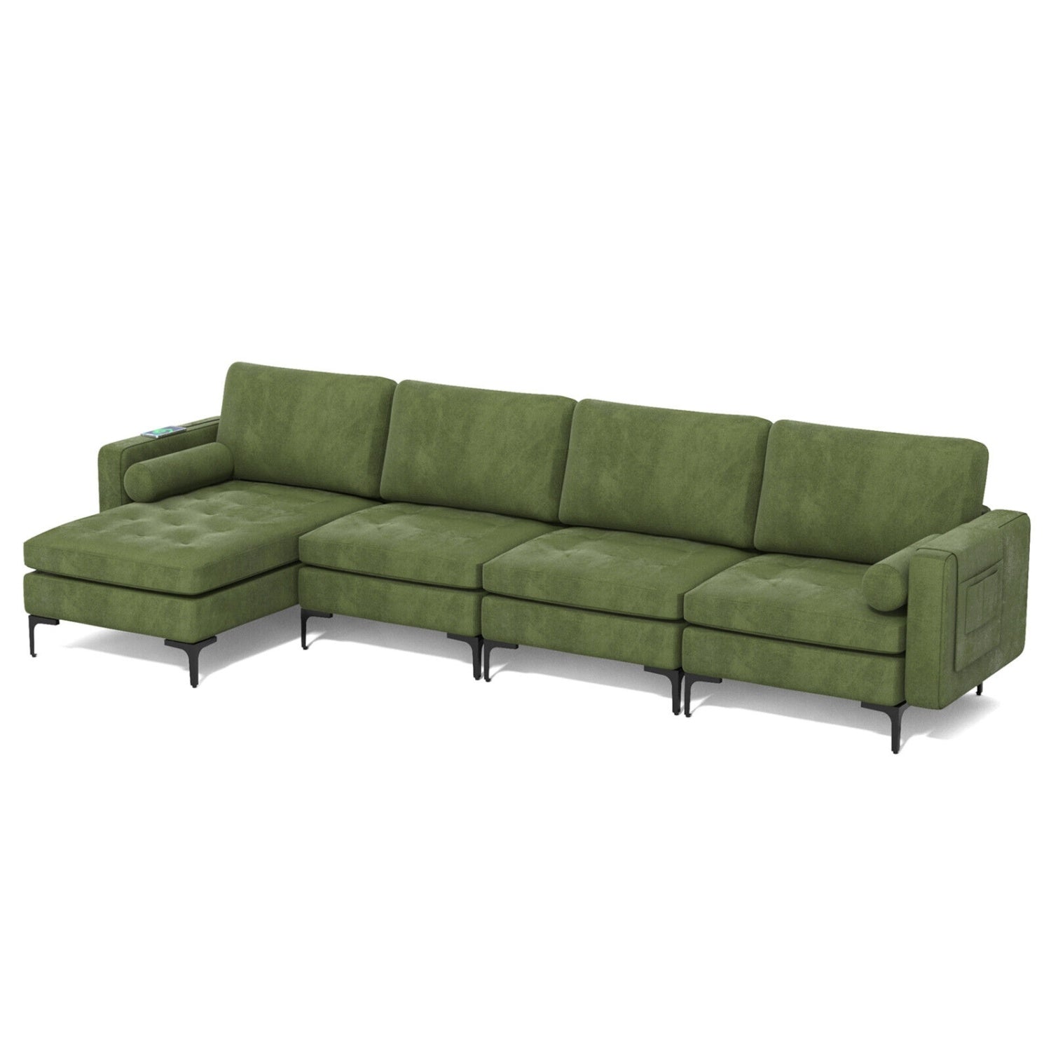 Modular 4-Seat L-Shaped Sectional Sofa, Reversible Chaise, USB Ports, Army Green Sofas & Loveseats at Gallery Canada