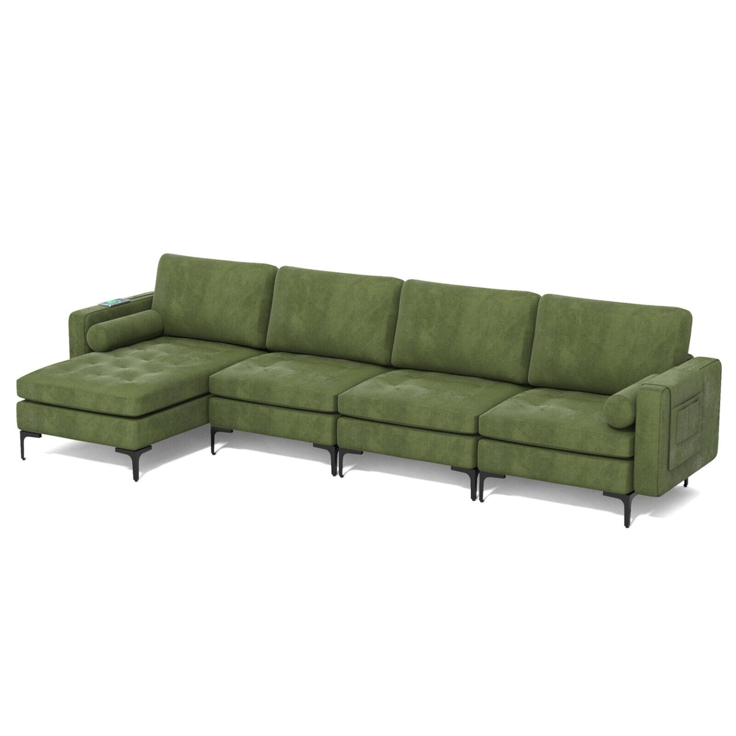 Modular 4-Seat L-Shaped Sectional Sofa, Reversible Chaise, USB Ports, Army Green Sofas & Loveseats at Gallery Canada
