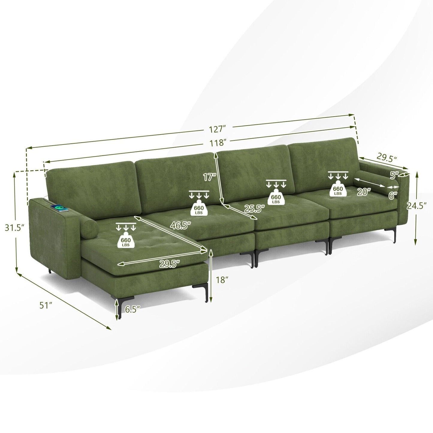 Modular 4-Seat L-Shaped Sectional Sofa, Reversible Chaise, USB Ports, Army Green Sofas & Loveseats at Gallery Canada