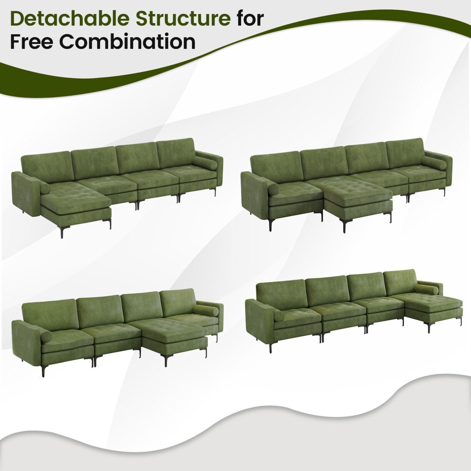Modular 4-Seat L-Shaped Sectional Sofa, Reversible Chaise, USB Ports, Army Green Sofas & Loveseats at Gallery Canada