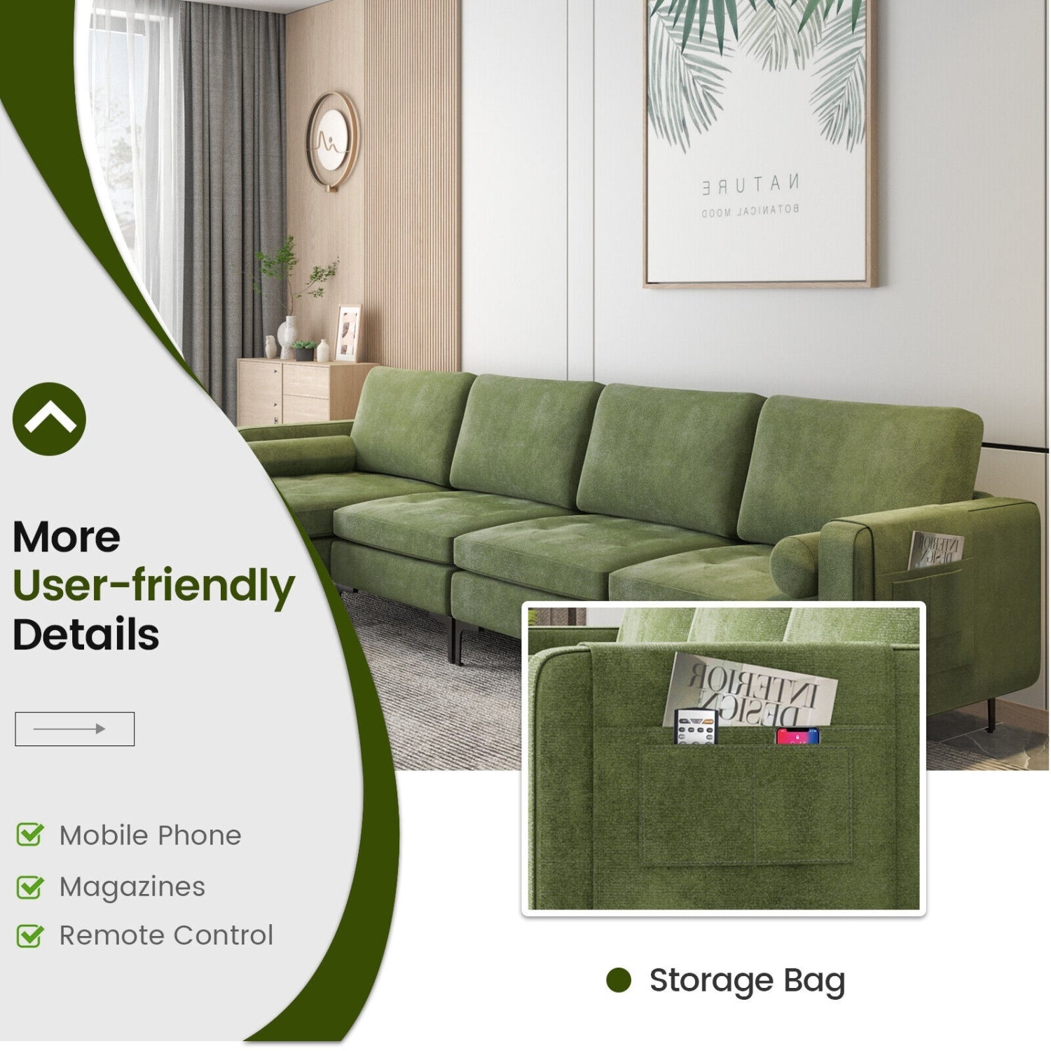Modular 4-Seat L-Shaped Sectional Sofa, Reversible Chaise, USB Ports, Army Green Sofas & Loveseats at Gallery Canada