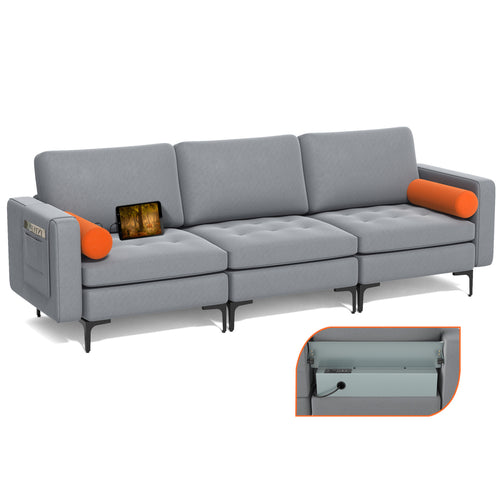 Modular 3-Seat Sofa, USB Ports, Side Storage Pocket, Gray