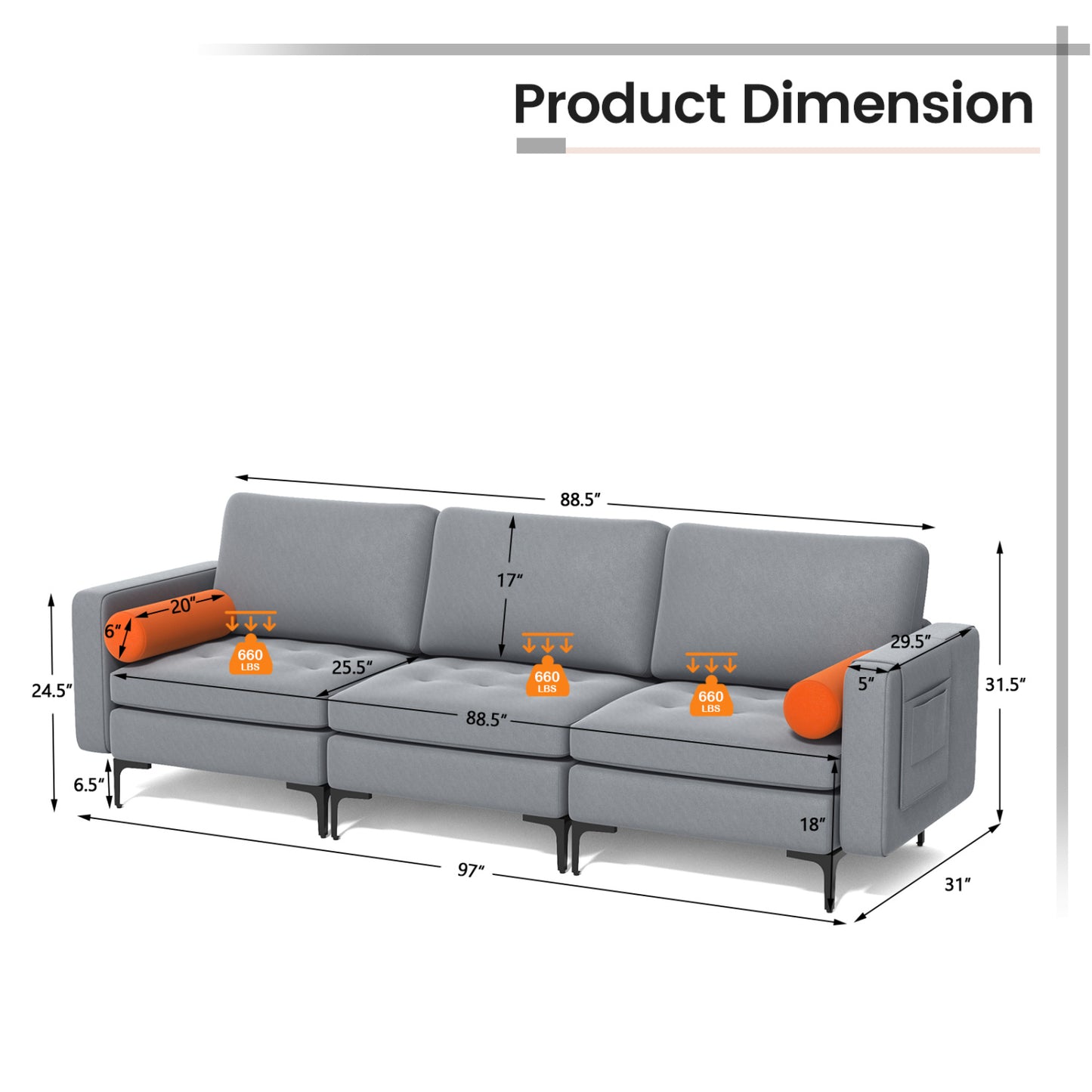 Modular 3-Seat Sofa, USB Ports, Side Storage Pocket, Gray Sofas & Loveseats at Gallery Canada