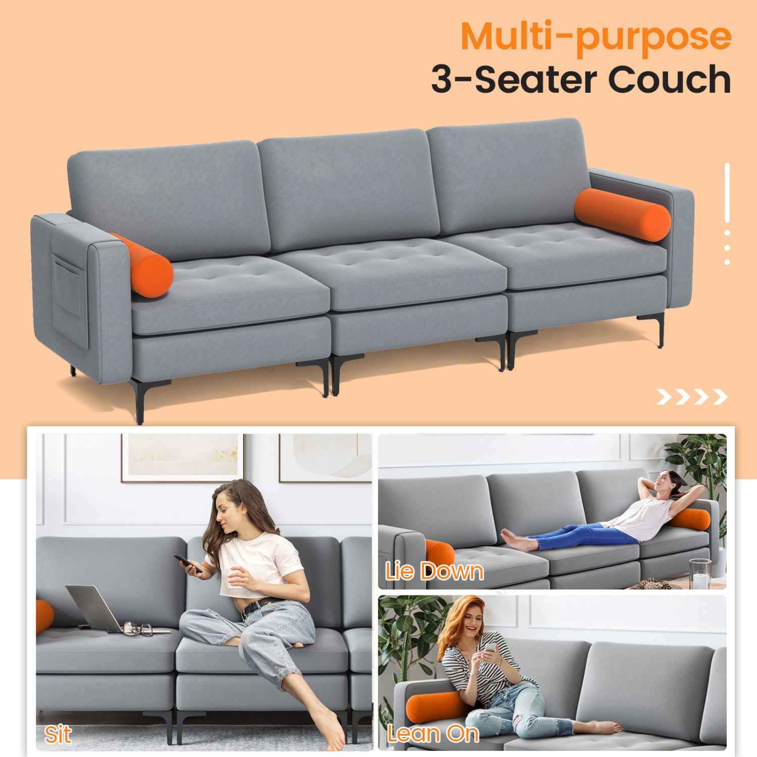 Modular 3-Seat Sofa, USB Ports, Side Storage Pocket, Gray Sofas & Loveseats at Gallery Canada