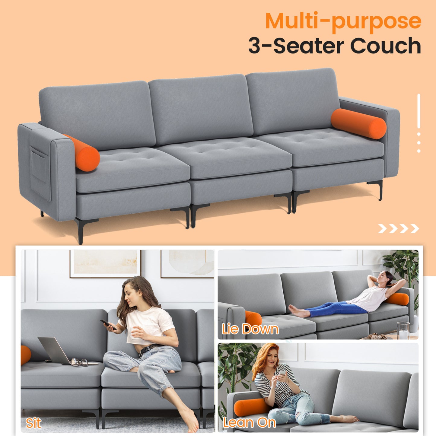 Modular 3-Seat Sofa, USB Ports, Side Storage Pocket, Gray Sofas & Loveseats at Gallery Canada