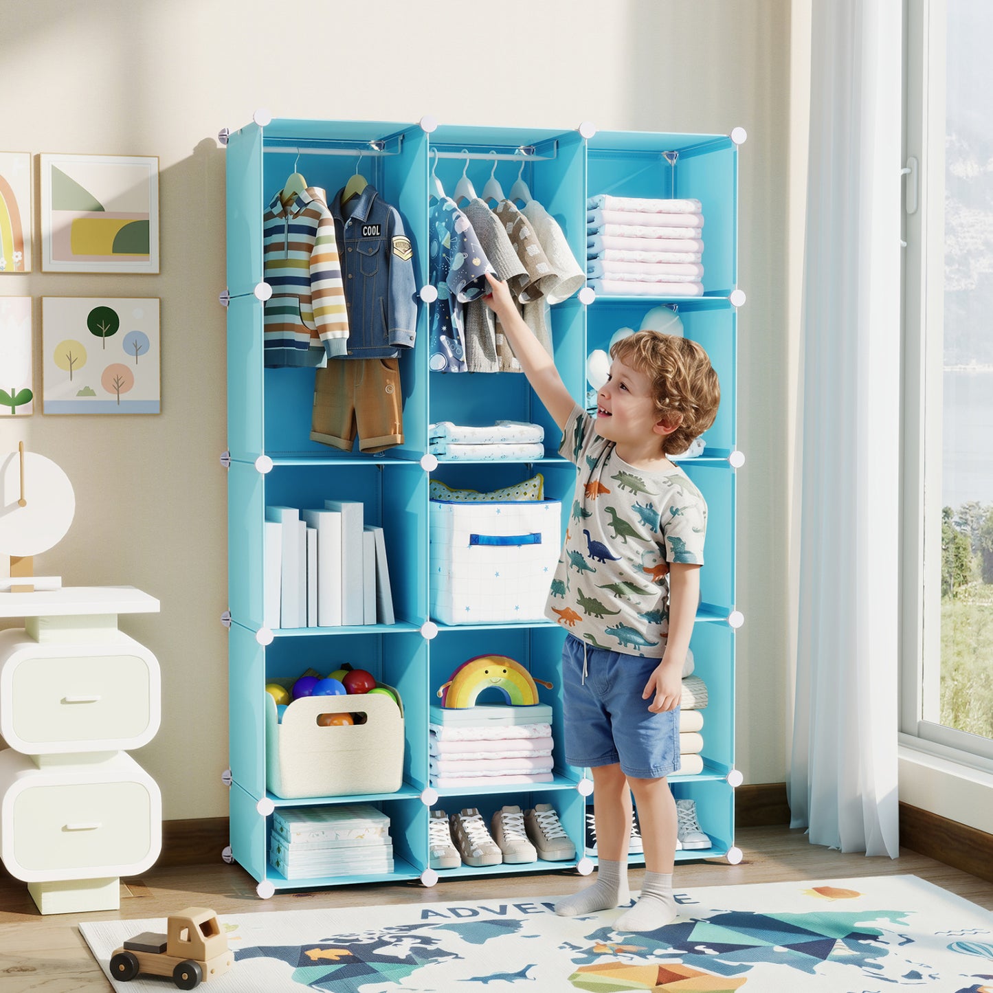 Modular Baby Wardrobe with 13 Cubes and Hanging Rod and Shelves Stackable, Blue